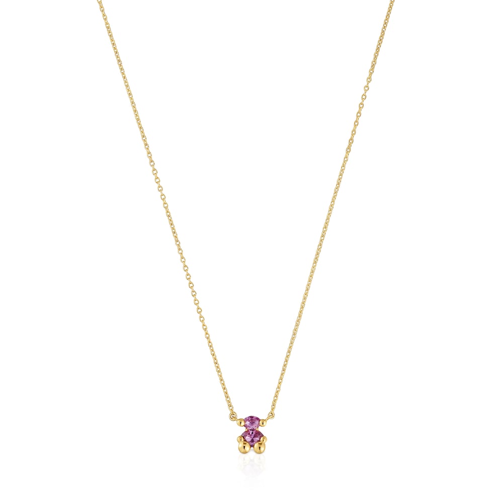 Short 18kt gold plating over silver bear motif Necklace with lab-grown lilac-colored sapphire Color Bear LGG