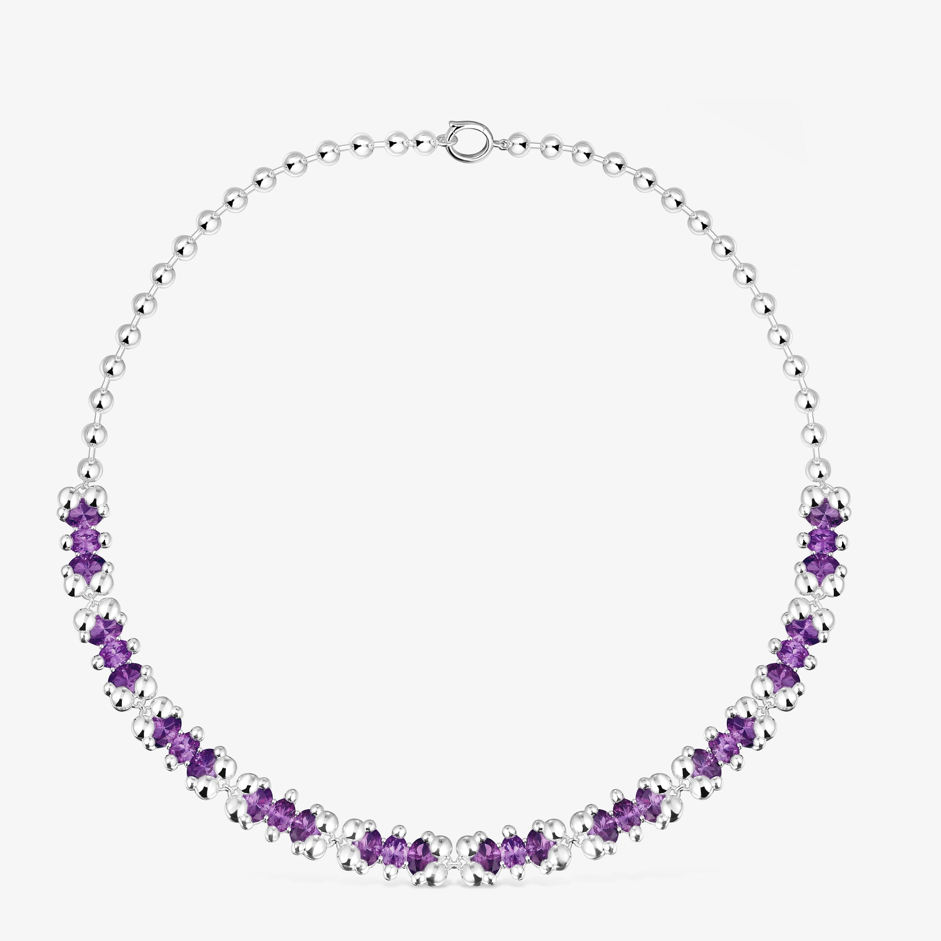 Short silver bear motif Necklace with lilac lab-grown sapphires Color Bear LGG