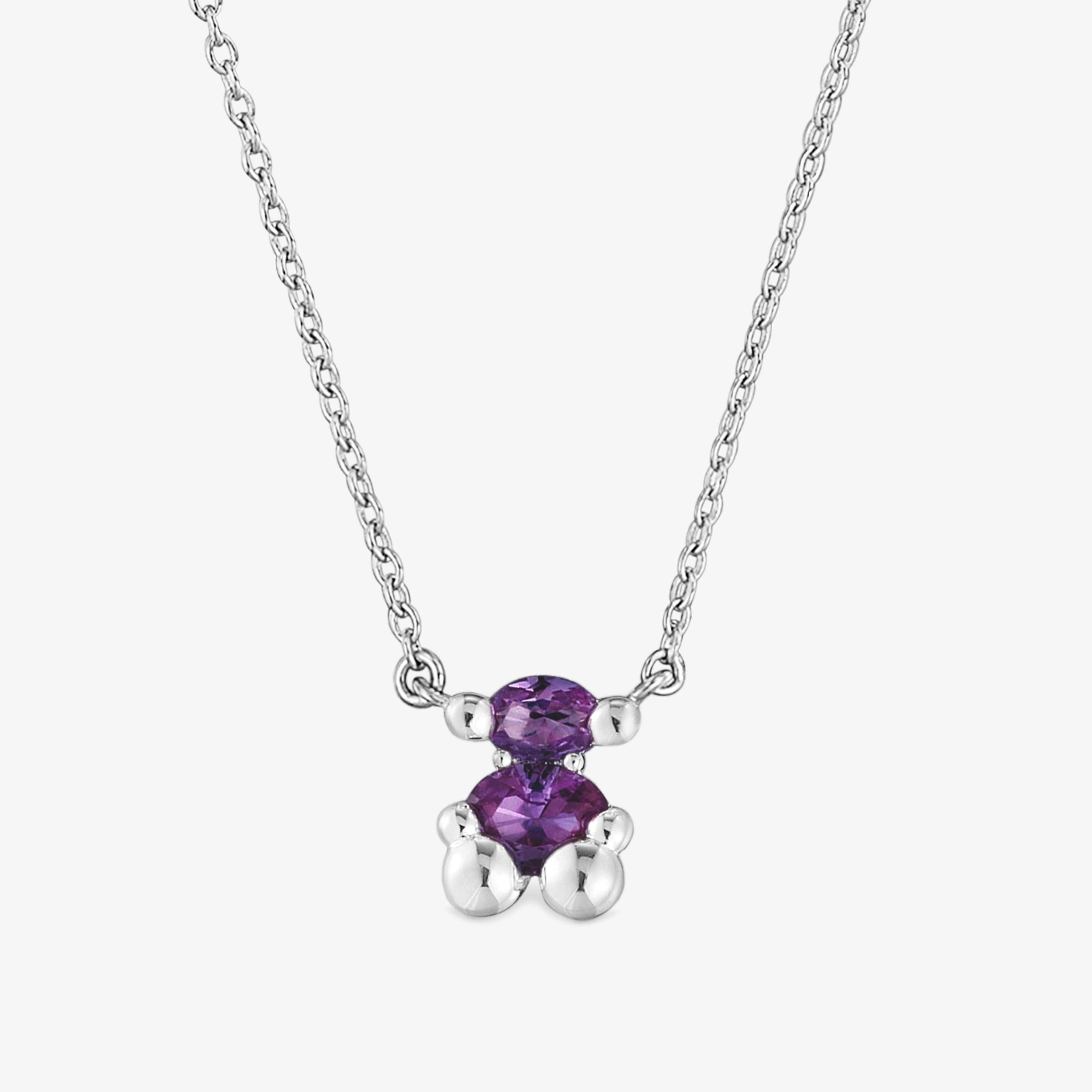 Short silver bear motif chain Necklace with lilac lab-grown sapphires Color Bear LGG