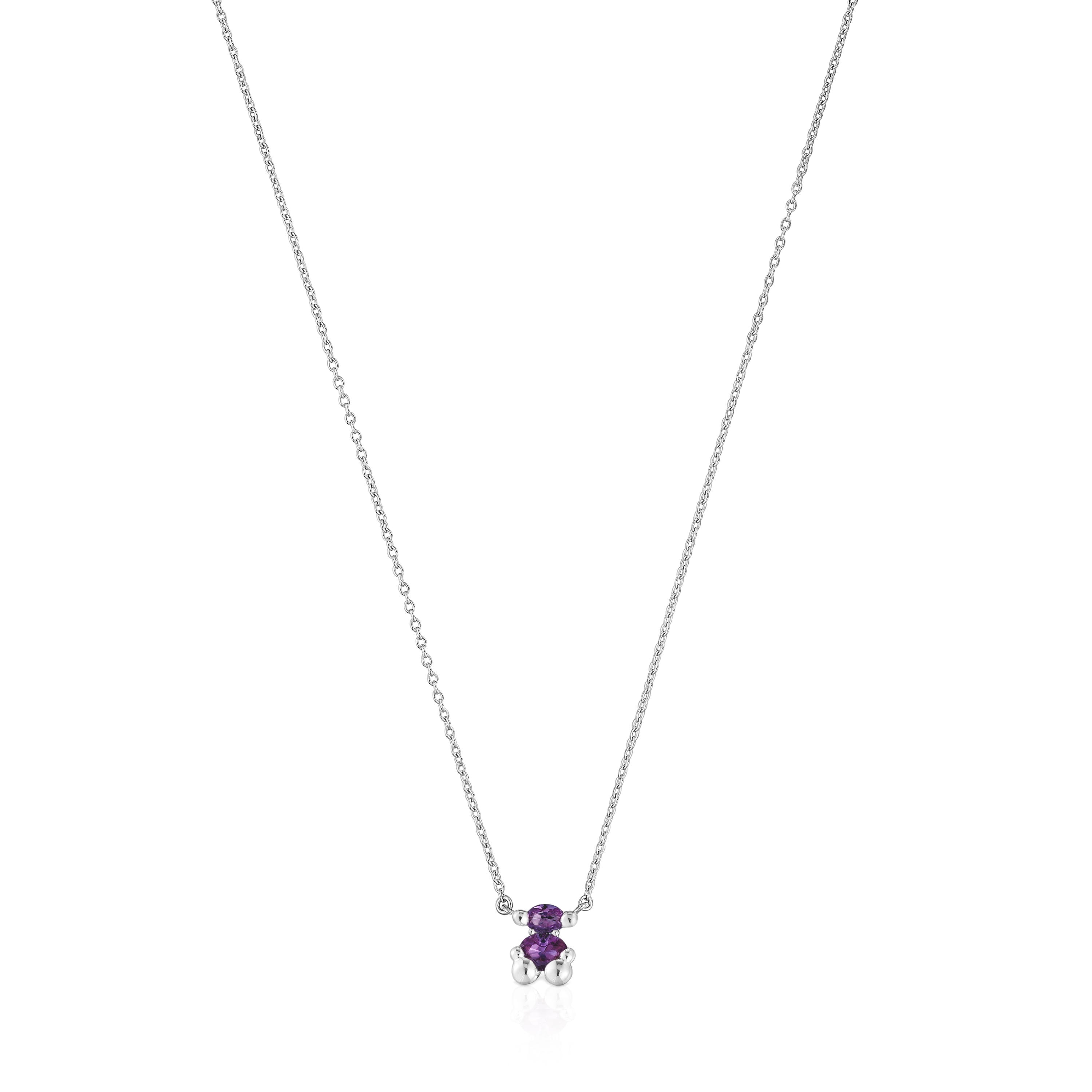 Short silver bear motif chain Necklace with lilac lab-grown