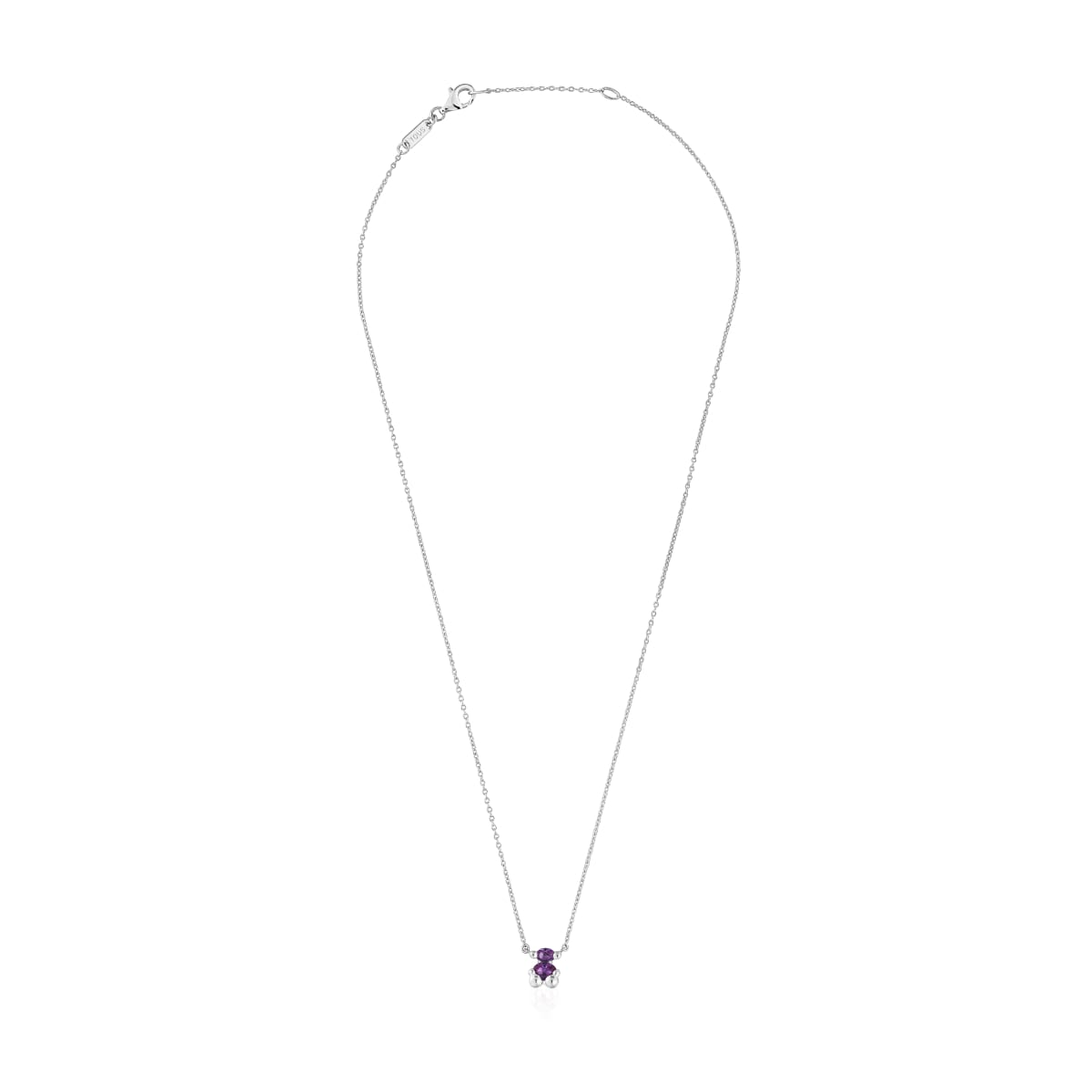 Short silver bear motif chain Necklace with lilac lab-grown sapphires Color Bear LGG