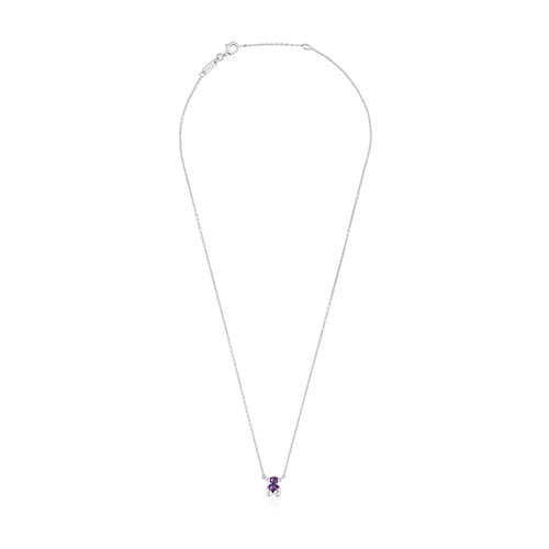 Short silver bear motif chain Necklace with lilac lab-grown sapphires Color Bear LGG