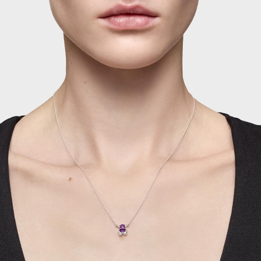 Collier motif ourson en argent et saphir lilas cr&eacute;&eacute; en laboratoire court Color Bear LGG