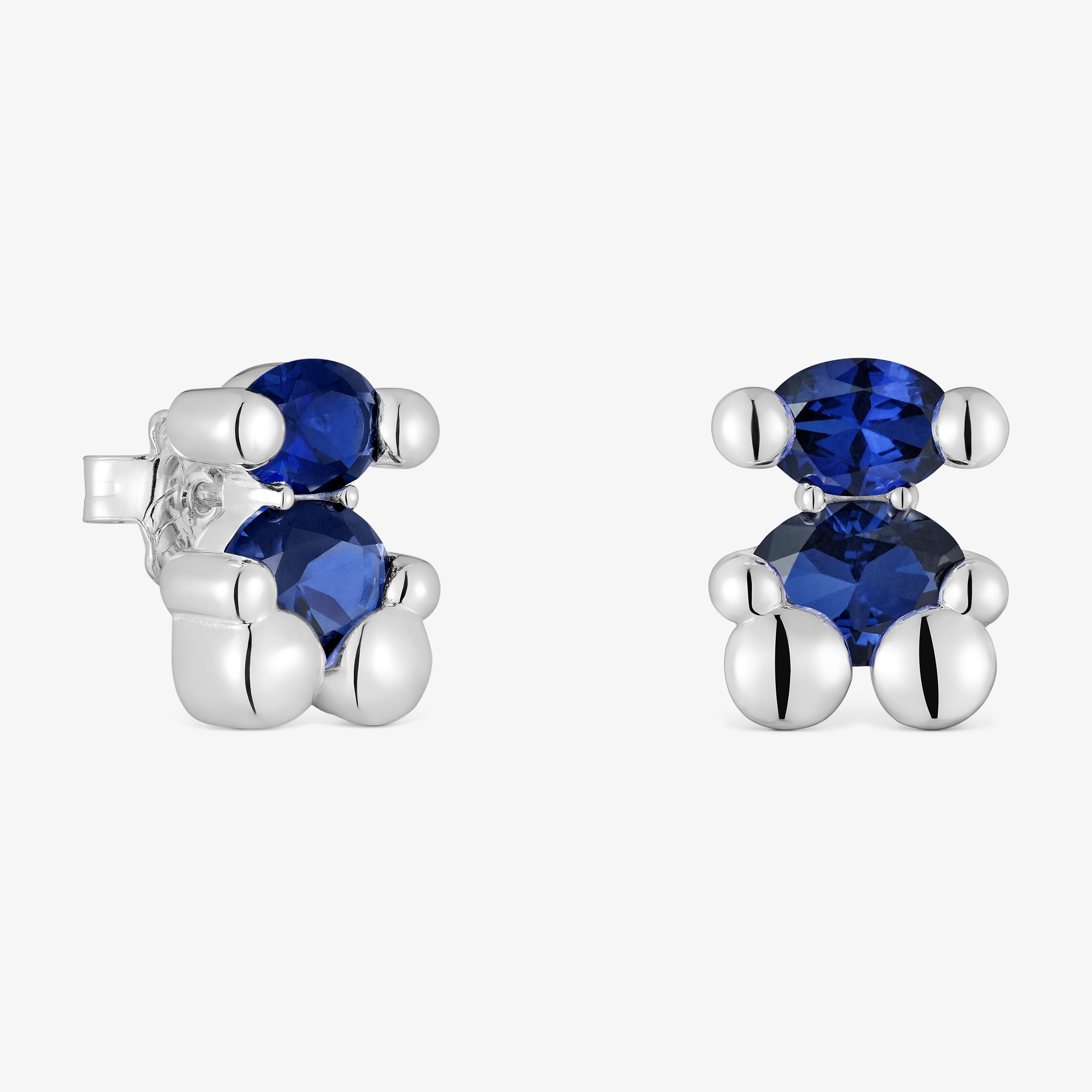 13 mm silver bear motif Earrings with lab-grown blue sapphire Color Bear LGG