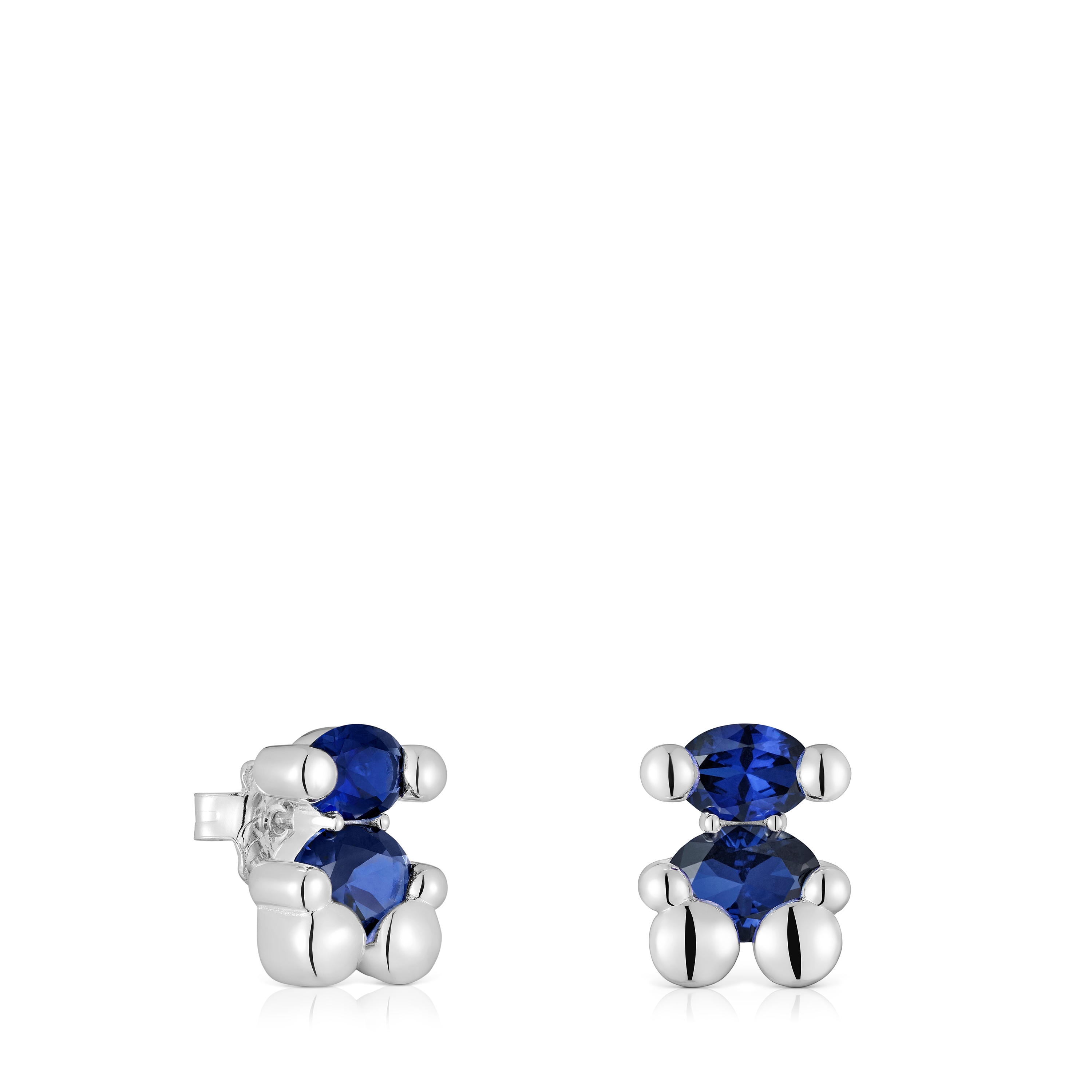 13 mm silver bear motif Earrings with lab-grown blue sapphire Color Bear LGG