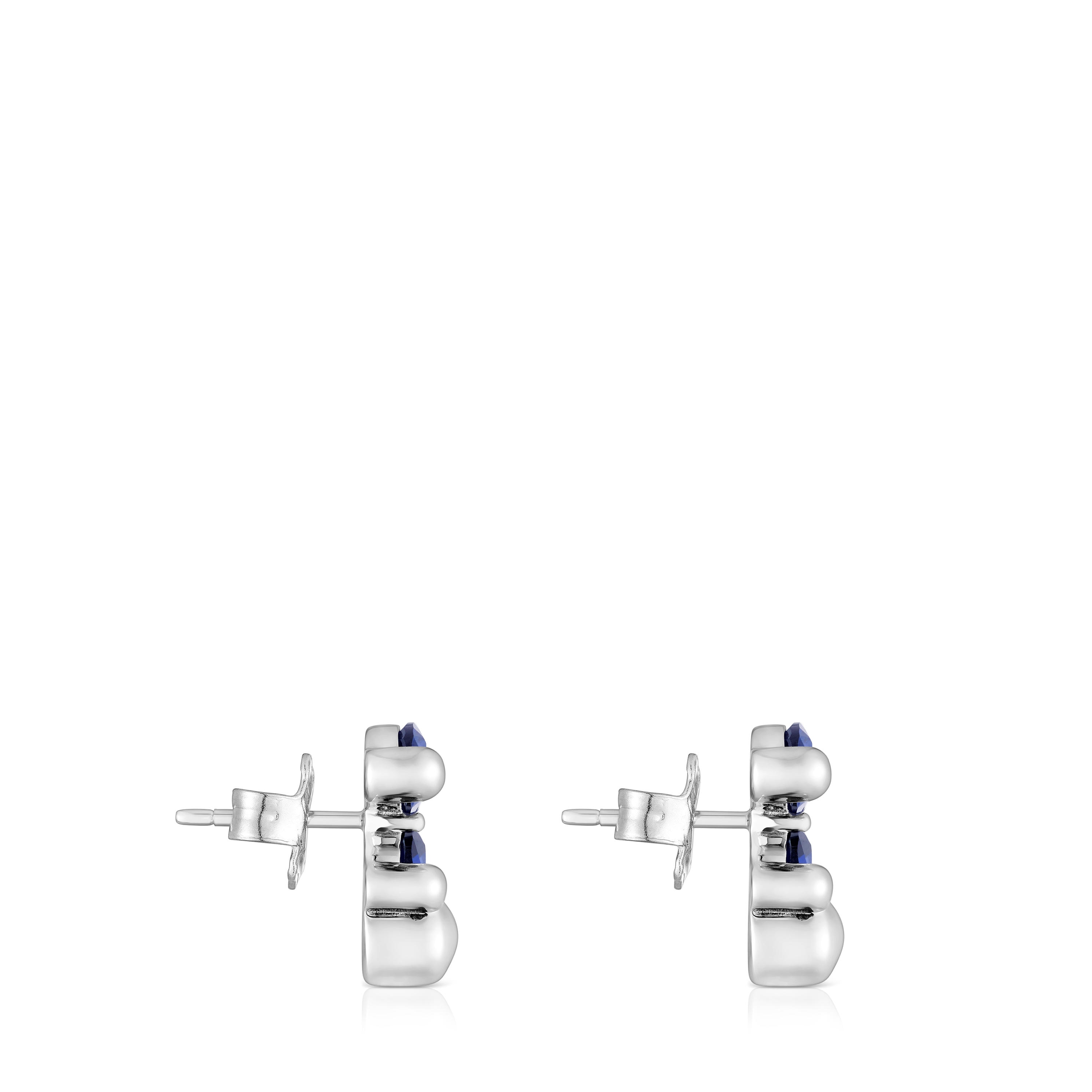 13 mm silver bear motif Earrings with lab-grown blue sapphire Color Bear LGG