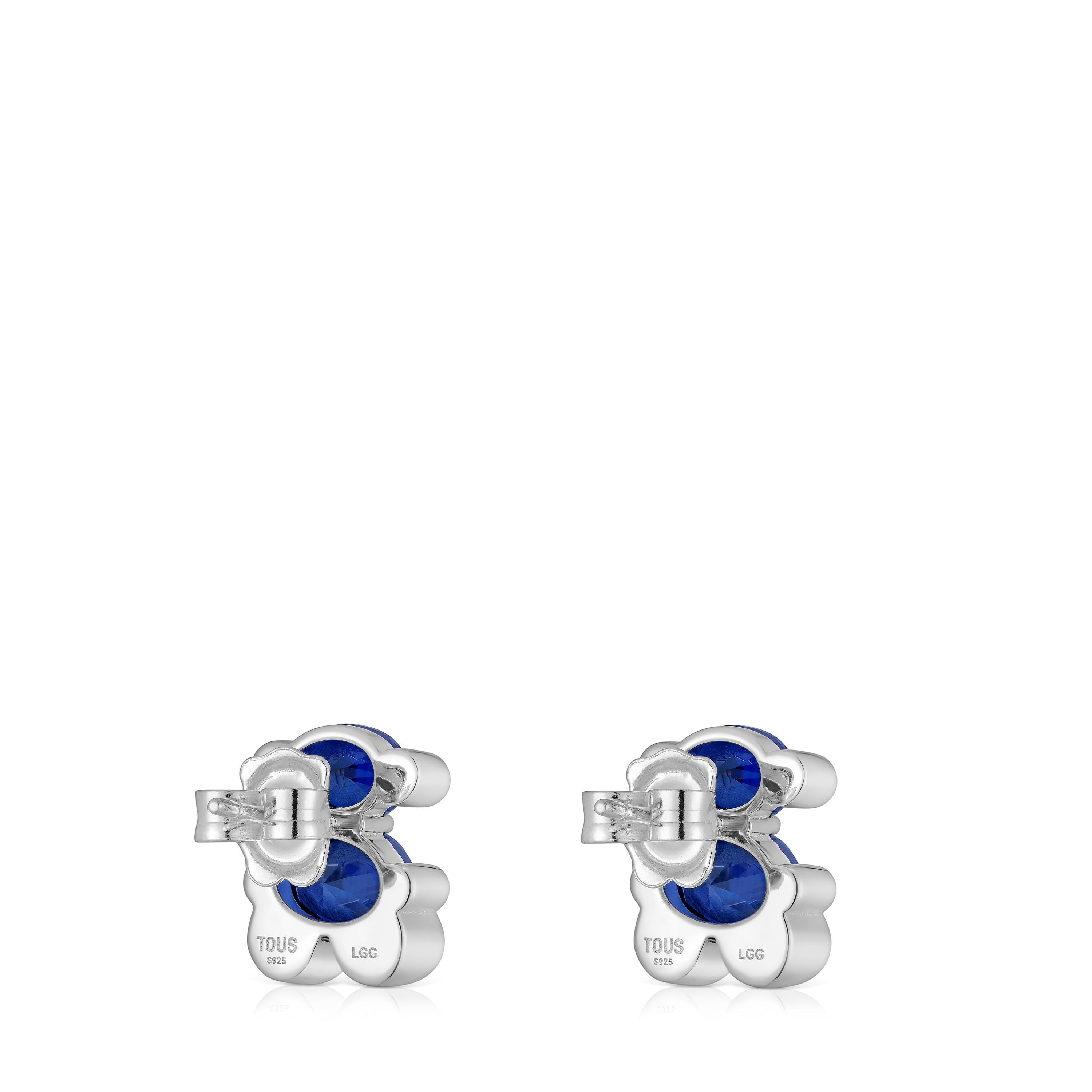 13 mm silver bear motif Earrings with lab-grown blue sapphire Color Bear LGG