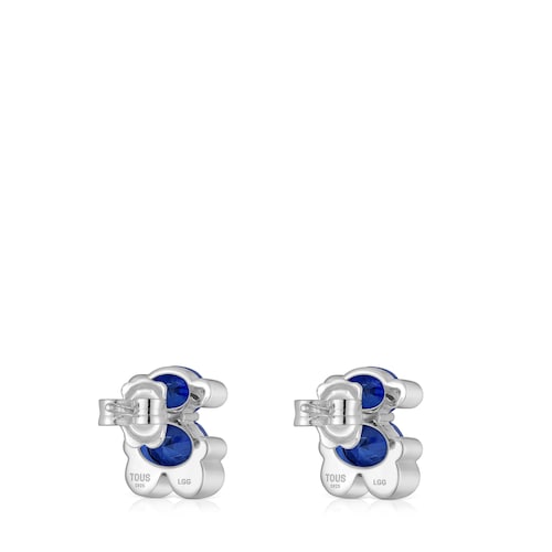 13 mm silver bear motif Earrings with lab-grown blue sapphire Color Bear LGG