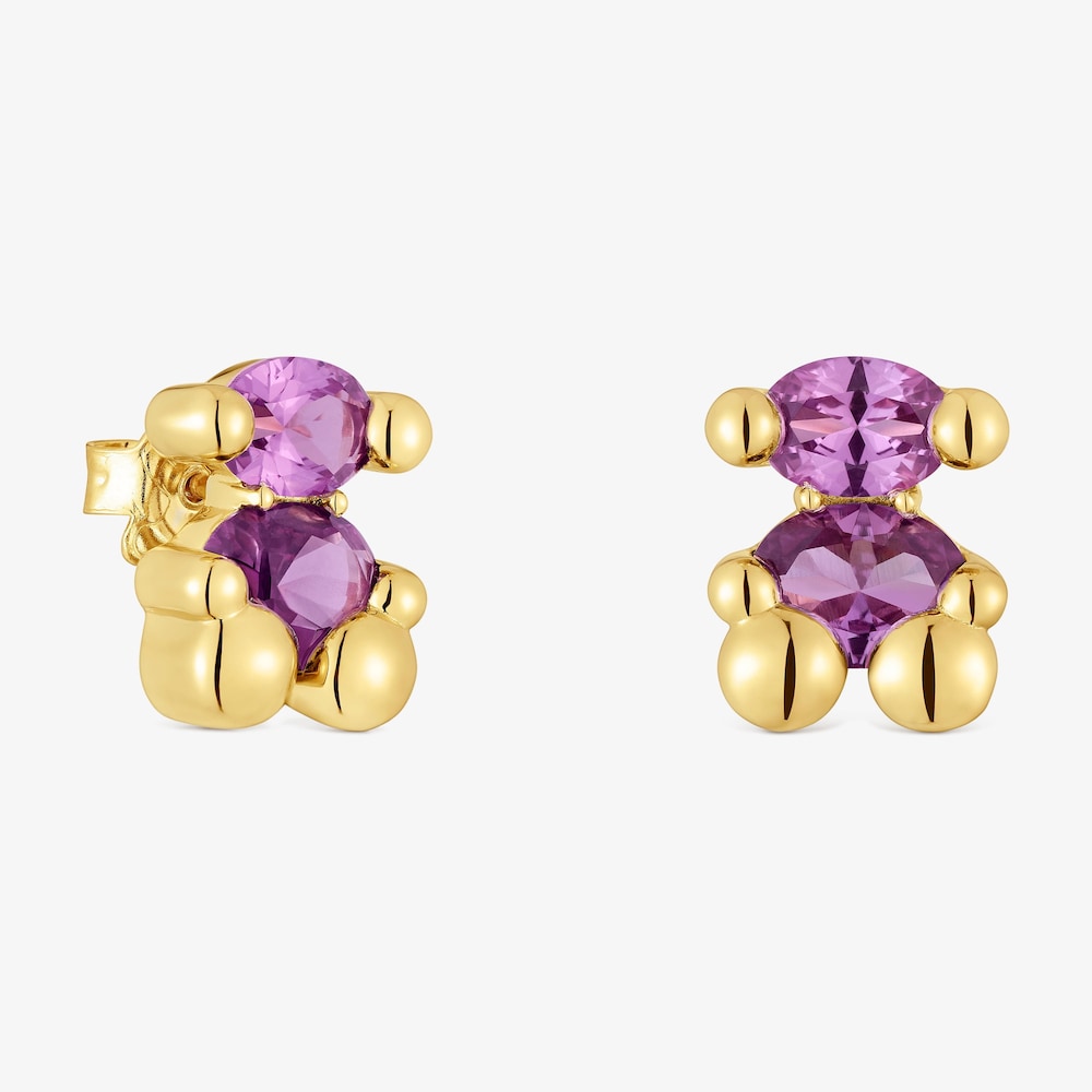Boucles d&rsquo;oreilles motif ourson en argent plaqu&eacute; or 18&nbsp;ct et saphir lilas cr&eacute;&eacute; en laboratoire 13&nbsp;mm Color Bear LGG