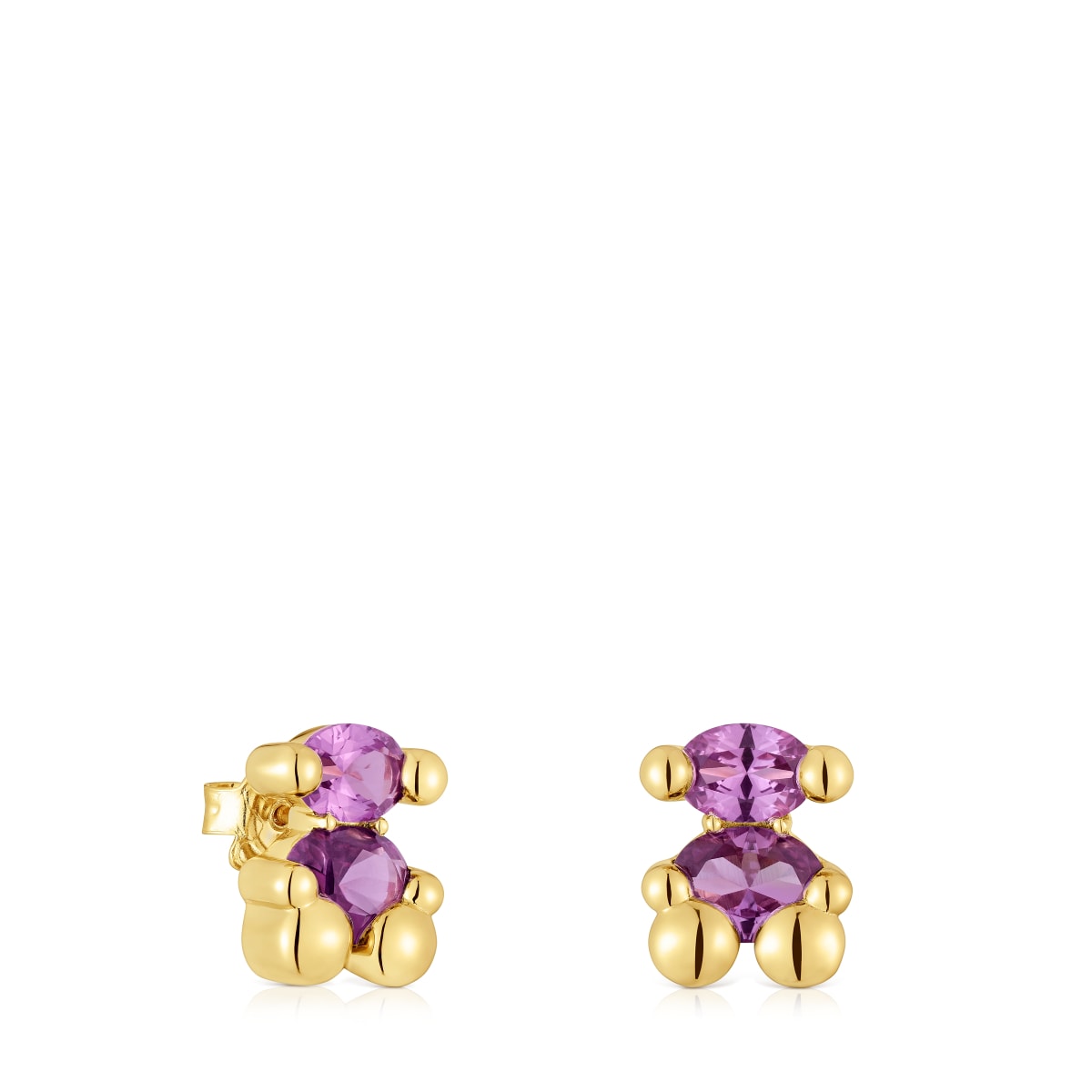 Pendientes motivo oso con baño de oro 18 kt sobre plata y zafiro lila creado en laboratorio 13 mm Color Bear LGG