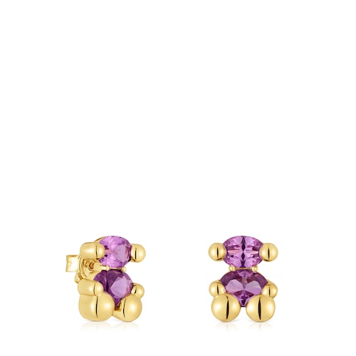 13 mm 18kt gold plating over silver bear motif Earrings with lab-grown lilac-colored sapphire Color Bear LGG