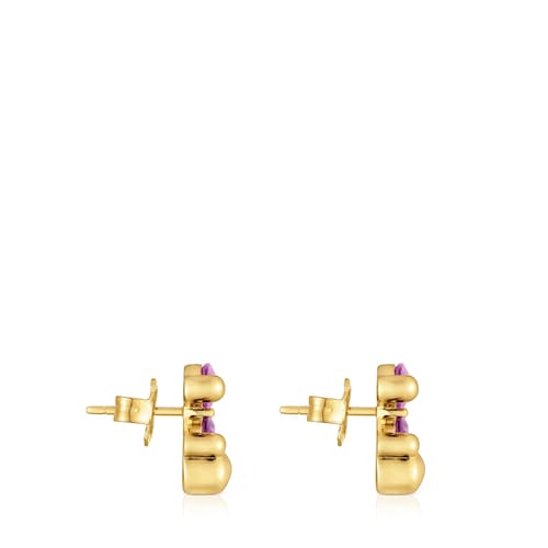 13 mm 18kt gold plating over silver bear motif Earrings with lab-grown lilac-colored sapphire Color Bear LGG