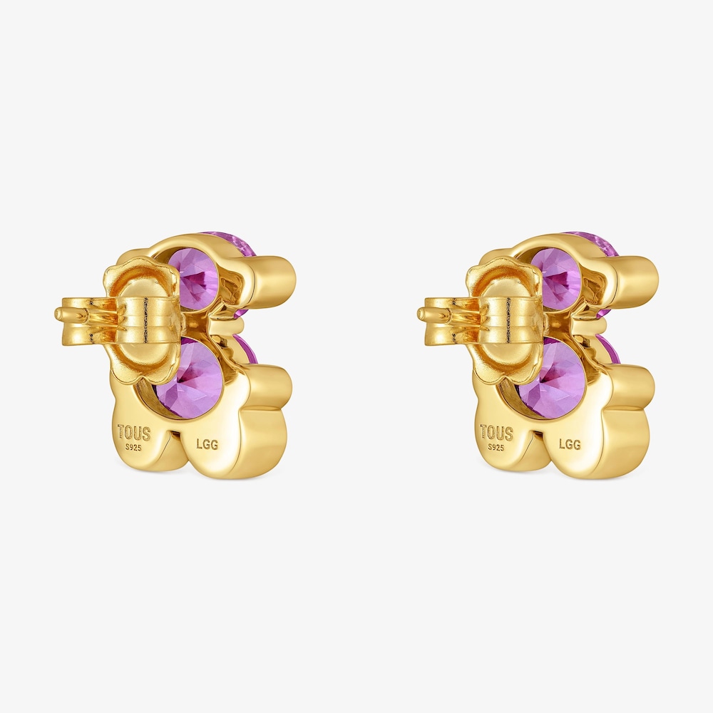 Boucles d&rsquo;oreilles motif ourson en argent plaqu&eacute; or 18&nbsp;ct et saphir lilas cr&eacute;&eacute; en laboratoire 13&nbsp;mm Color Bear LGG