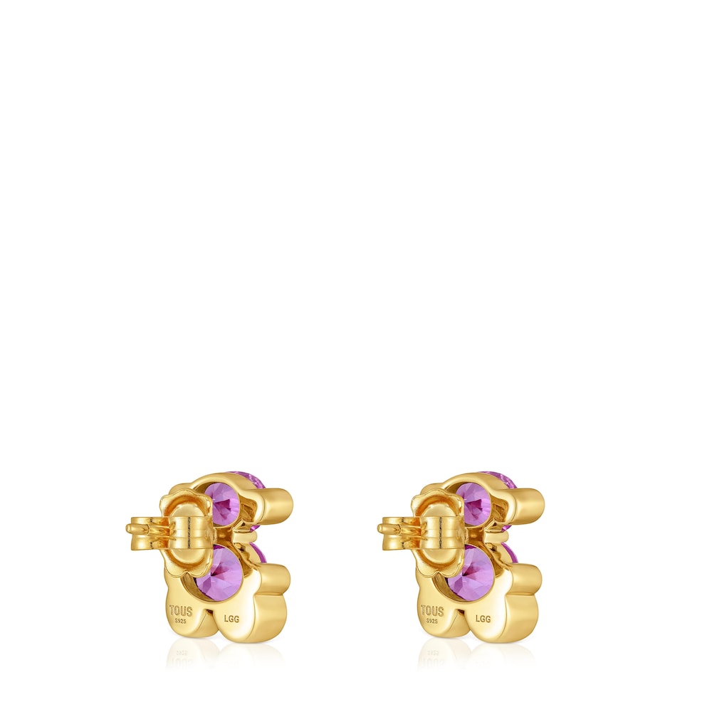 Pendientes motivo oso con baño de oro 18 kt sobre plata y zafiro lila creado en laboratorio 13 mm Color Bear LGG image number 2
