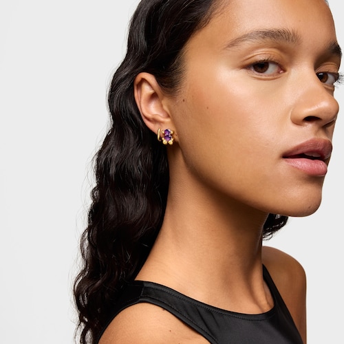 13 mm 18kt gold plating over silver bear motif Earrings with lab-grown lilac-colored sapphire Color Bear LGG