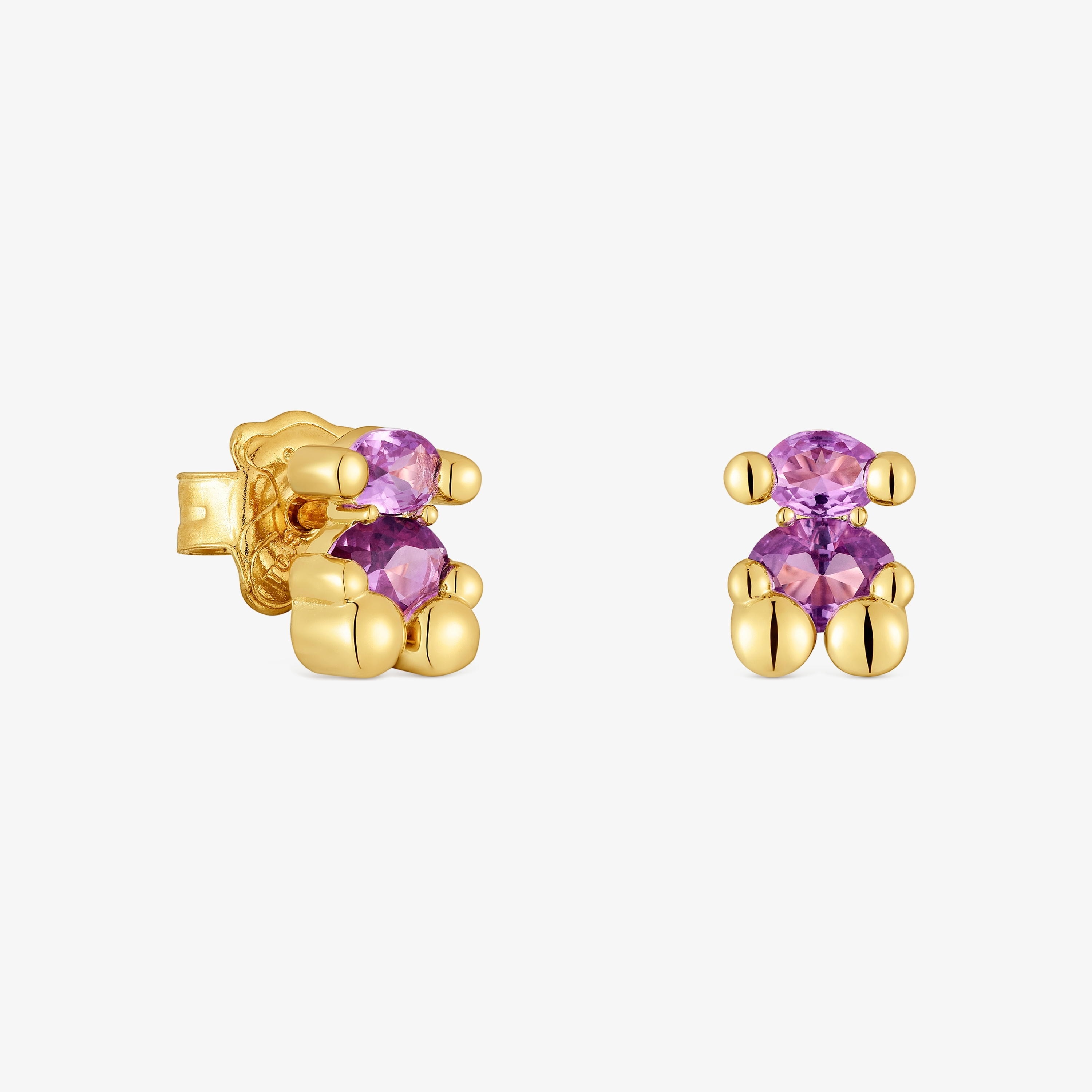 8 mm 18K gold vermeil bear motif Earrings with lab-grown lilac