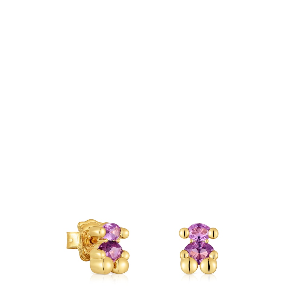 Pendientes motivo oso con baño de oro 18 kt sobre plata y zafiro lila creado en laboratorio 8 mm Color Bear LGG image number 0