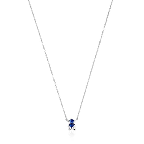 Short silver bear motif Necklace with lab-grown lilac-colored sapphire Color Bear LGG