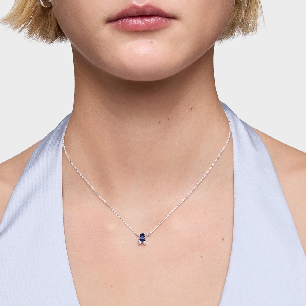 Collar corto motivo oso de plata y zafiro azul creado en laboratorio Color Bear LGG