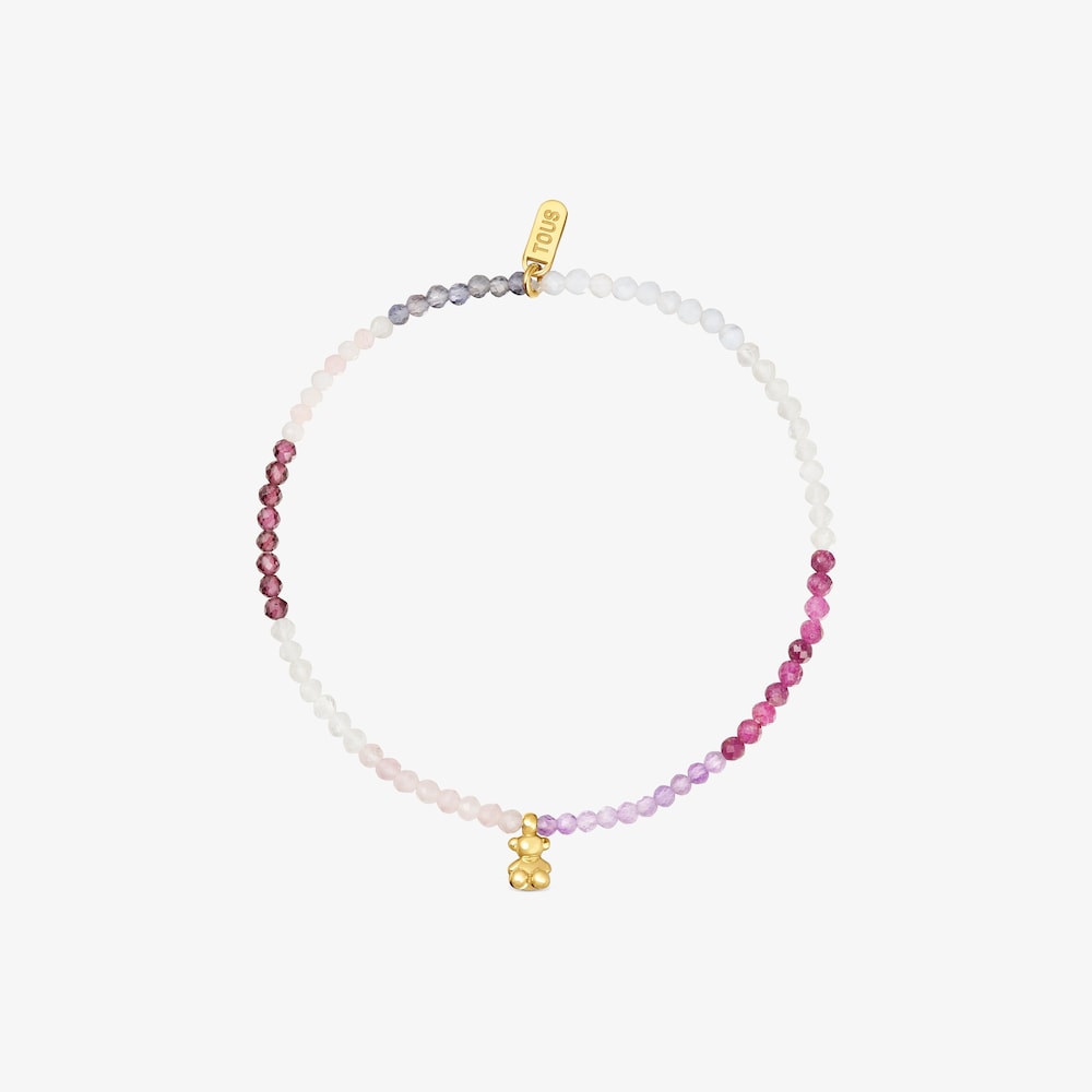 Pulsera el&aacute;stica con ba&ntilde;o de oro 18 kt sobre plata y gemas rosadas Bold Bear