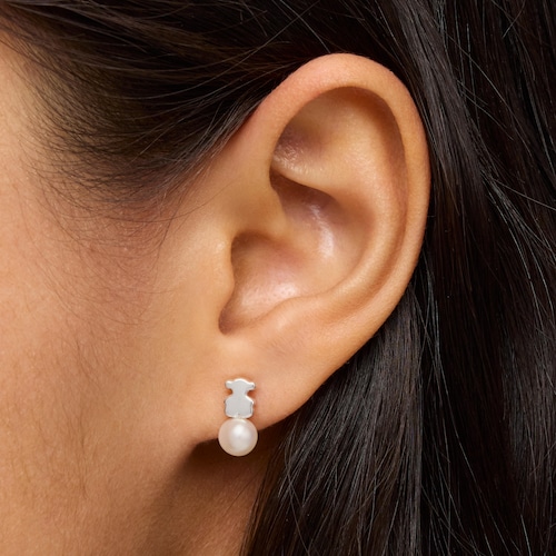 Silver 11mm Bear earrings with cultured freshwater pearl Sweet Dolls