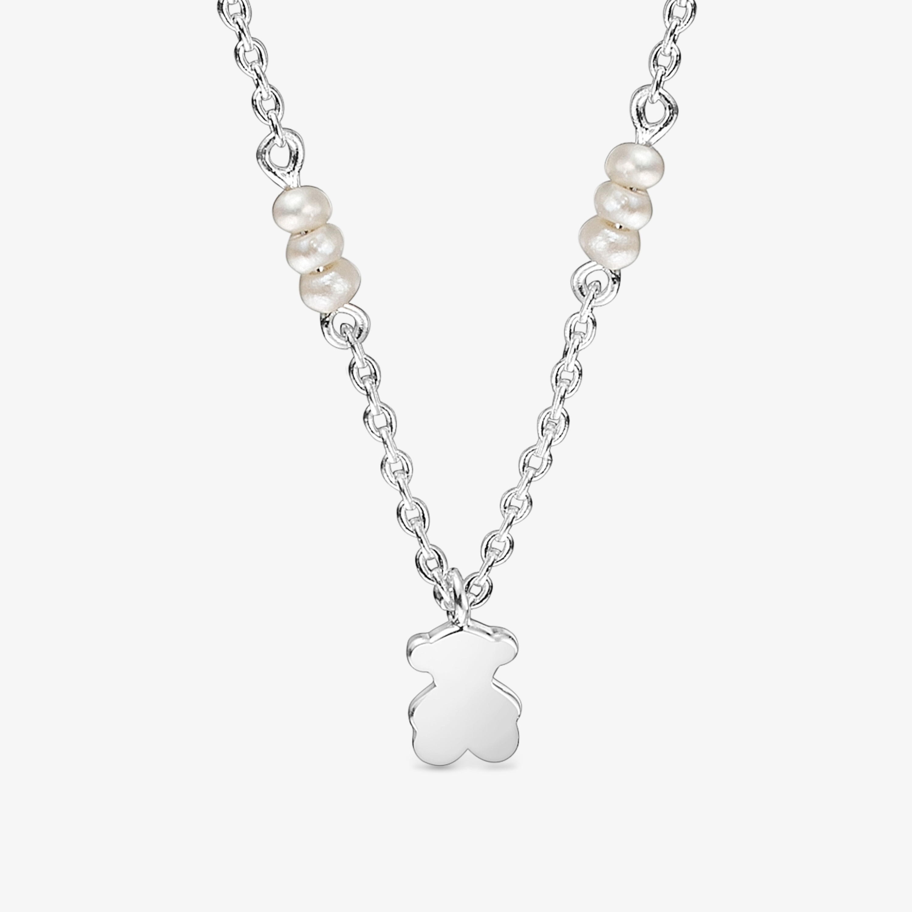 Short silver Necklace with cultured pearls and bear charm Sweet Dolls