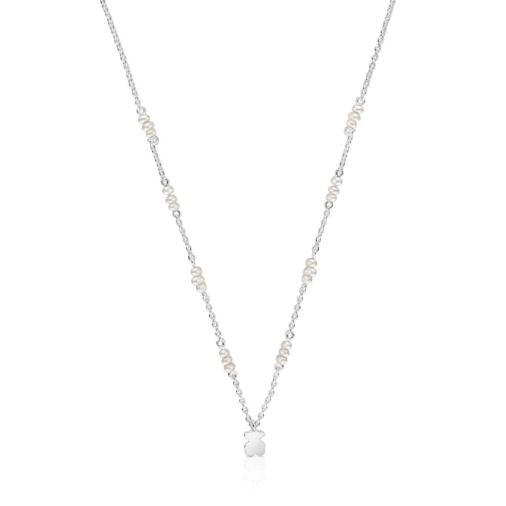Short silver Necklace with cultured pearls and bear charm Sweet Dolls image number 0
