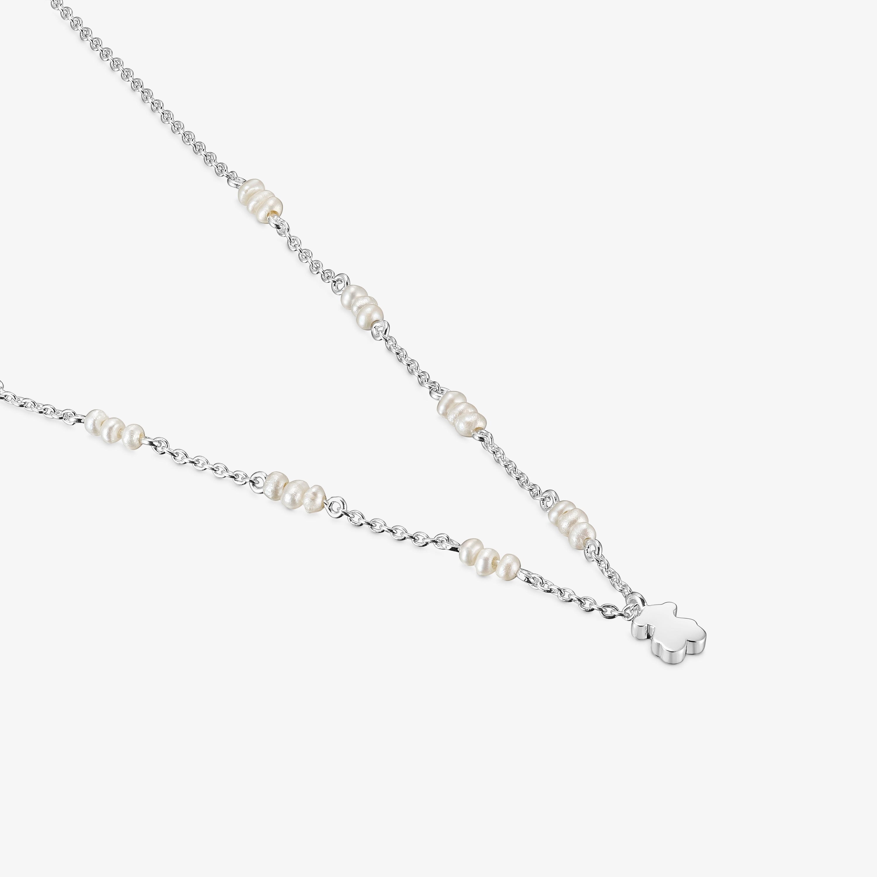 Short silver Necklace with cultured pearls and bear charm Sweet Dolls