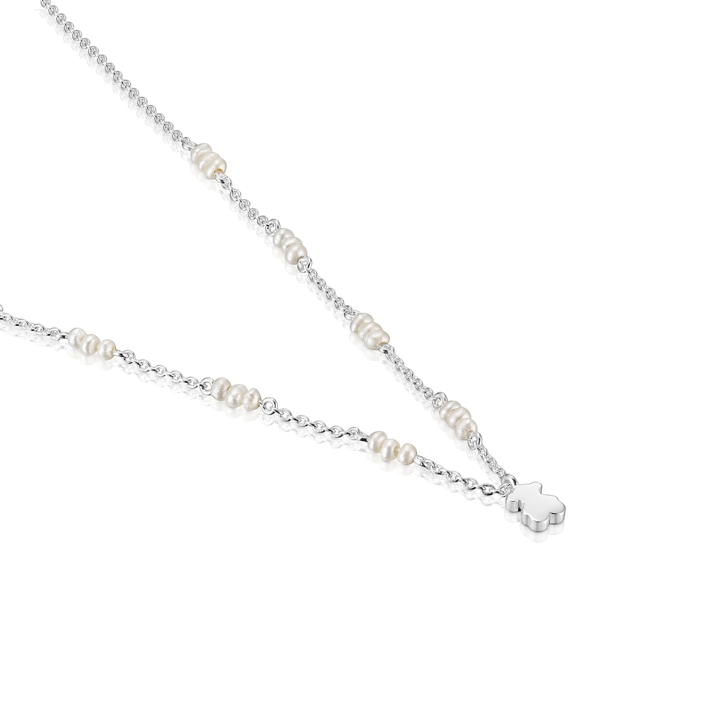 Short silver Necklace with cultured pearls and bear charm Sweet Dolls image number 2
