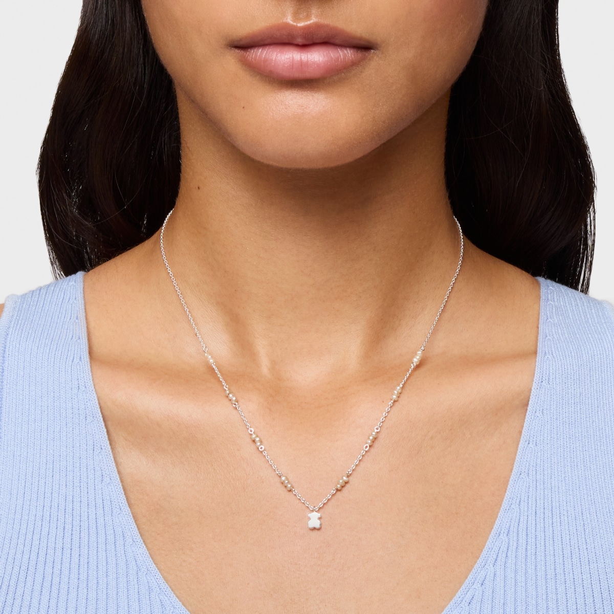 Short silver Necklace with cultured pearls and bear charm Sweet Dolls