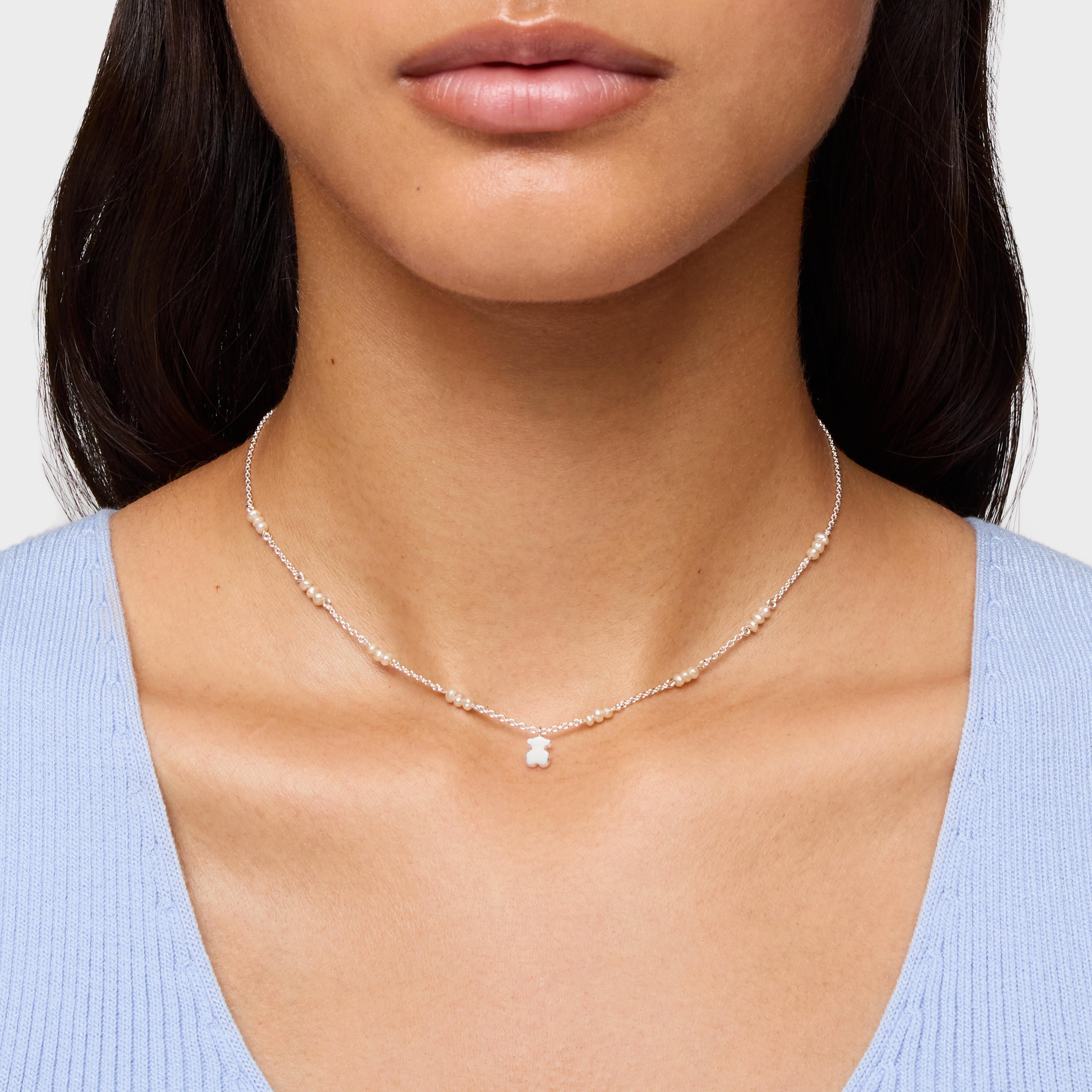Short silver Necklace with cultured pearls and bear charm Sweet Dolls