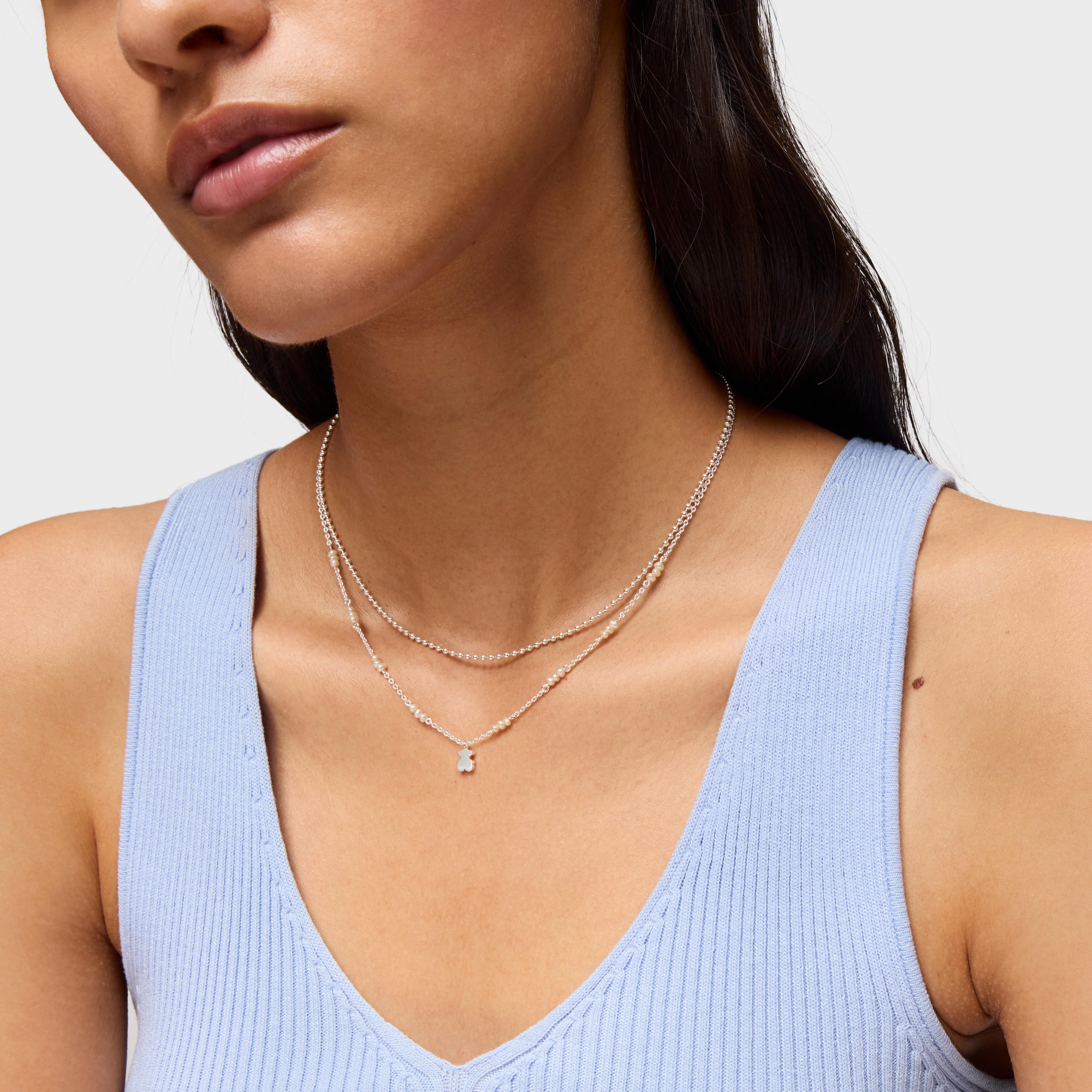 Short silver Necklace with cultured pearls and bear charm Sweet Dolls