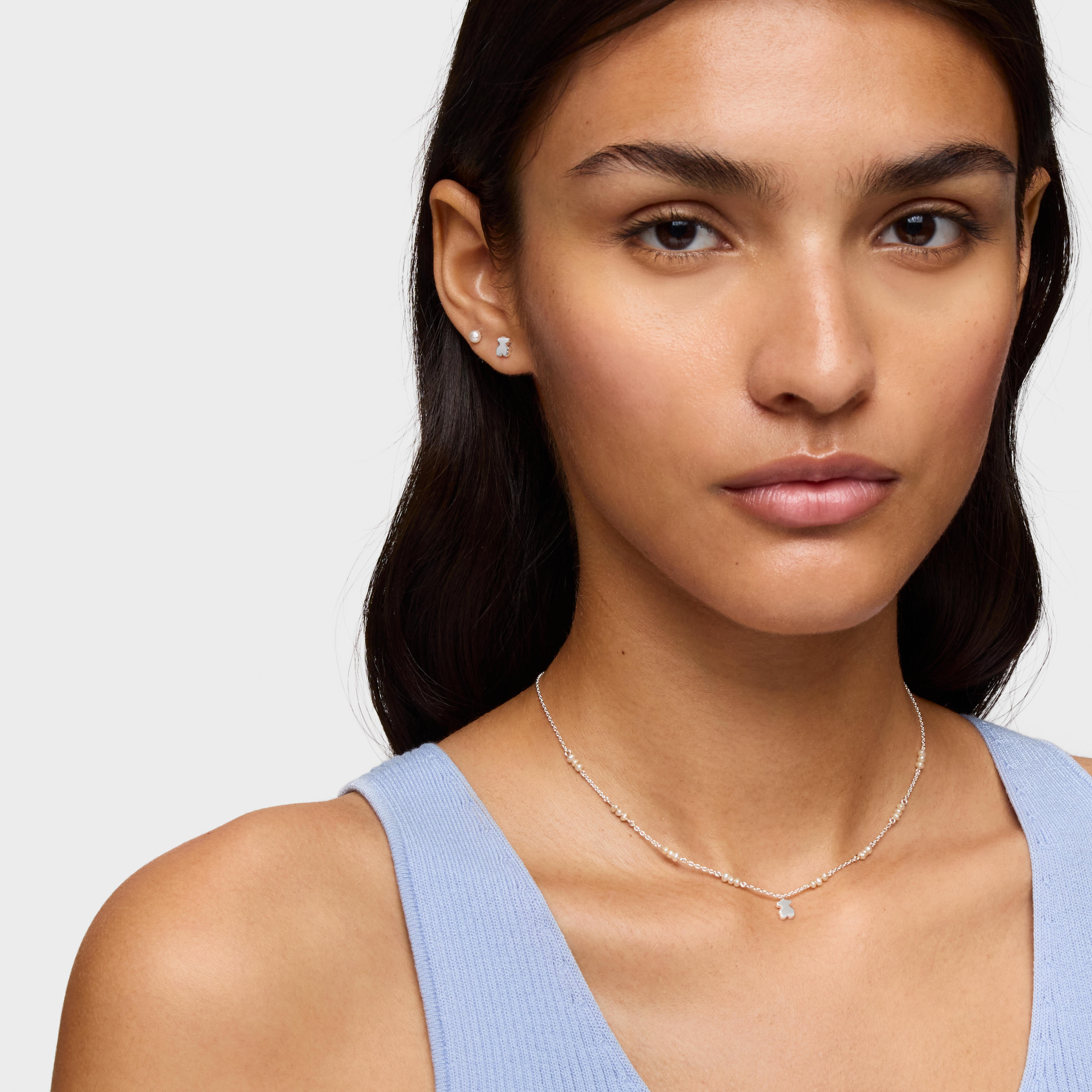 Short silver Necklace with cultured pearls and bear charm Sweet Dolls