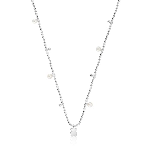 Short silver Necklace with cultured pearls and bear pendant charm Sweet Dolls