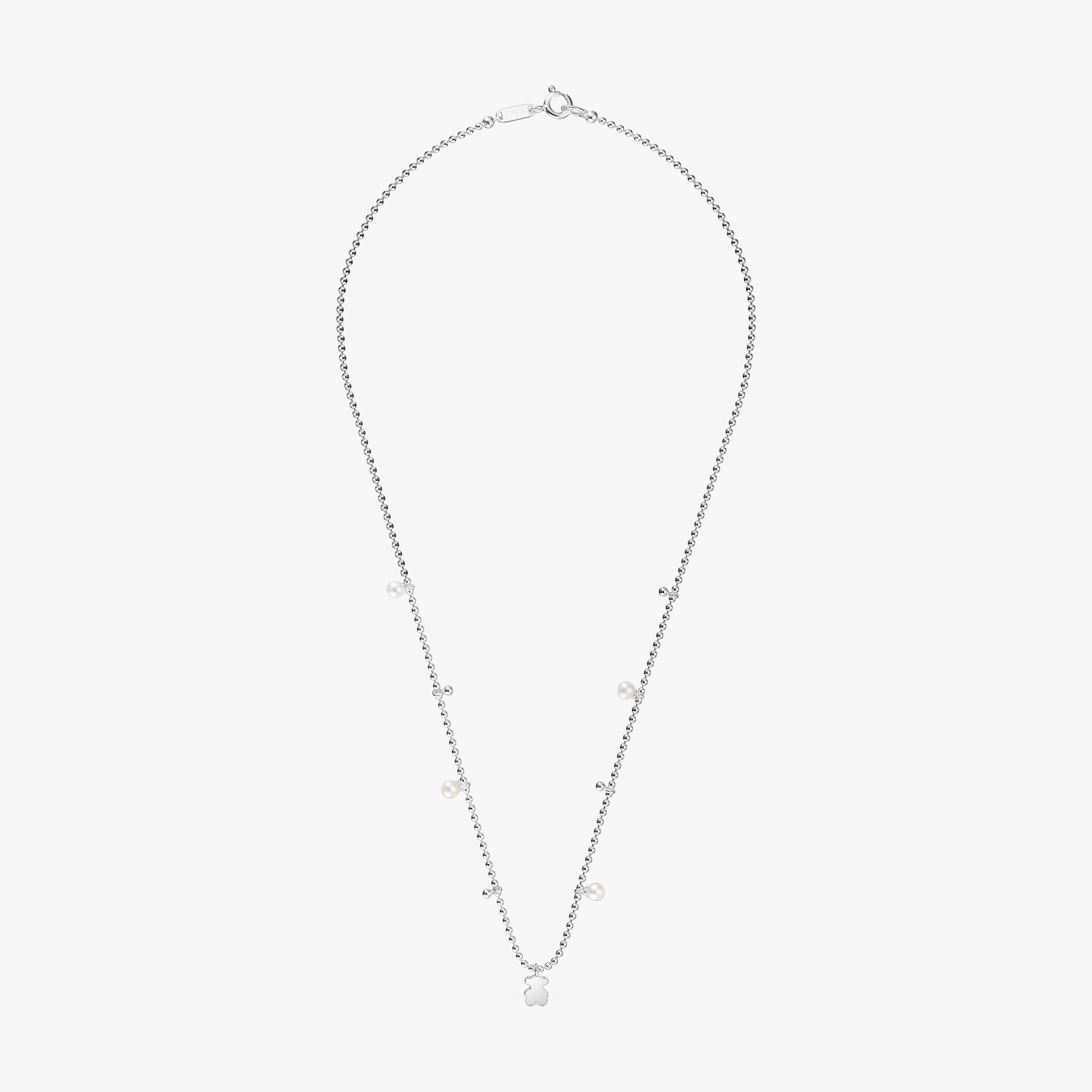 Short silver Necklace with cultured pearls and bear pendant charm Sweet Dolls