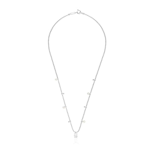 Short silver Necklace with cultured pearls and bear pendant charm Sweet Dolls