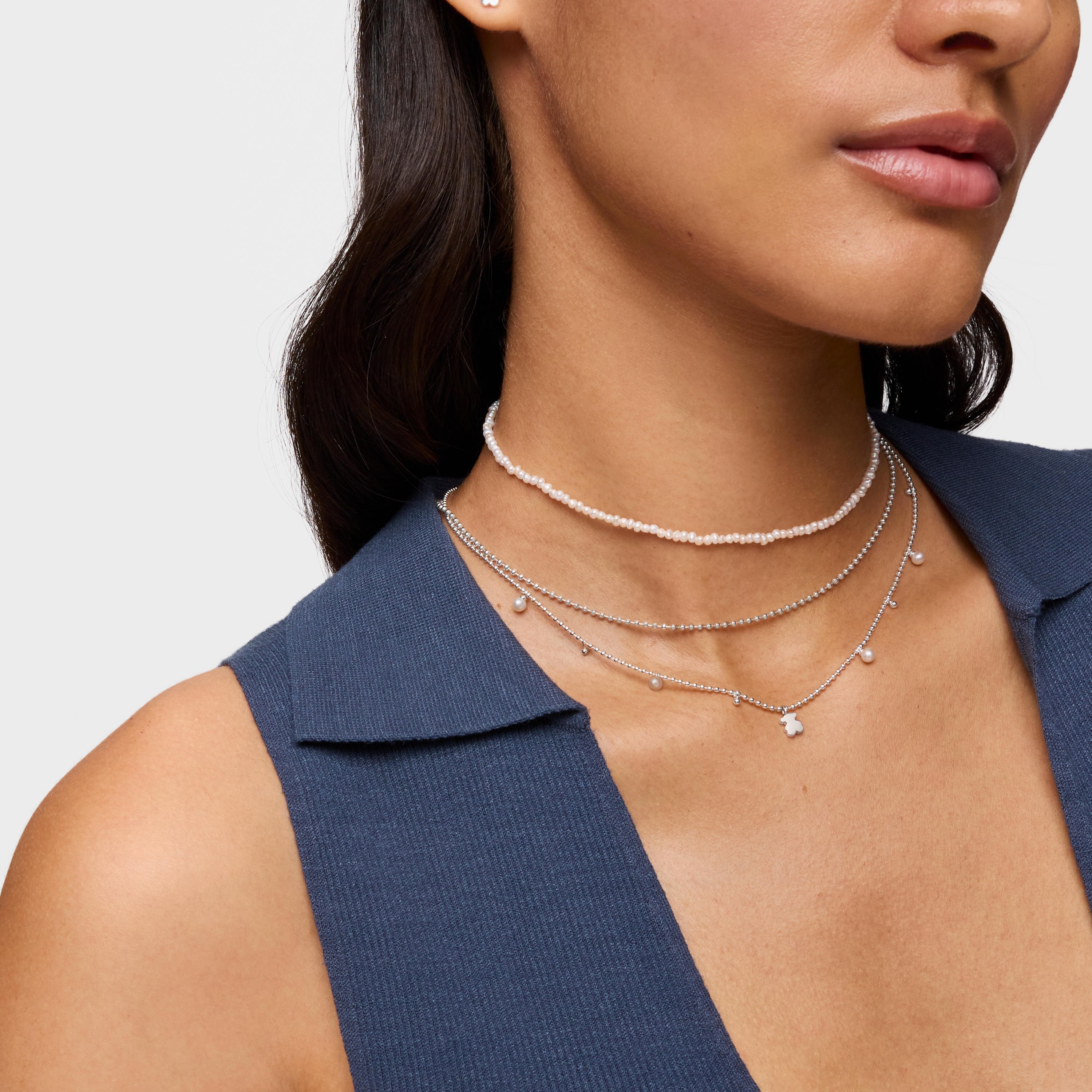 Short silver Necklace with cultured pearls and bear pendant charm Sweet Dolls