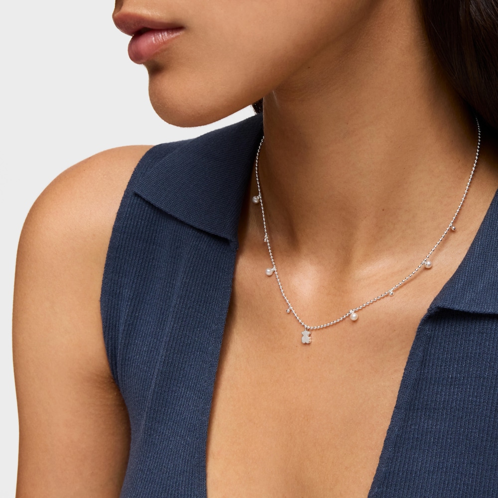 Collar corto de plata perlas cultivadas y detalle colgante oso Sweet Dolls