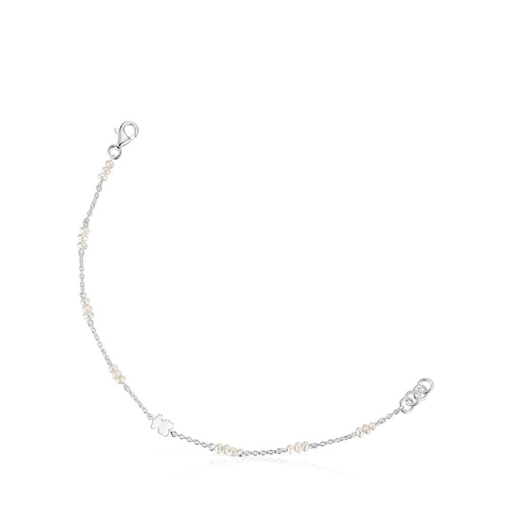 Silver Chain bracelet with cultured pearls and bear charm Sweet Dolls image number 0