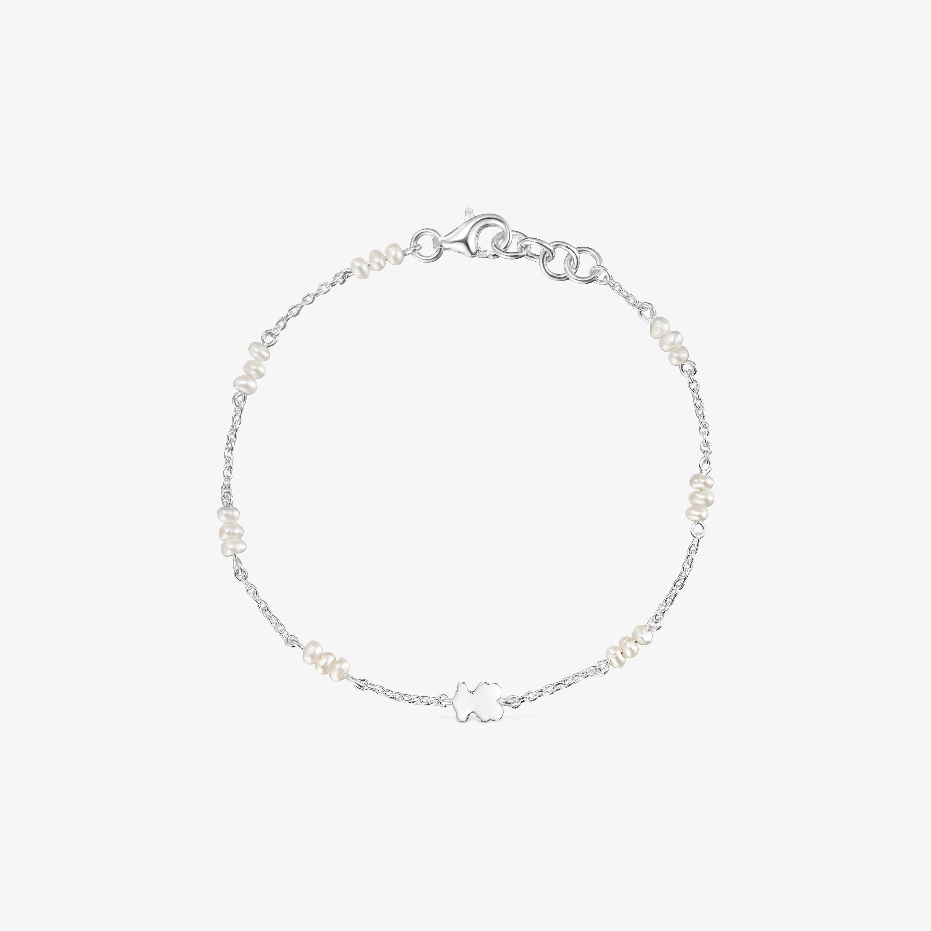 Silver Chain bracelet with cultured pearls and bear charm Sweet Dolls