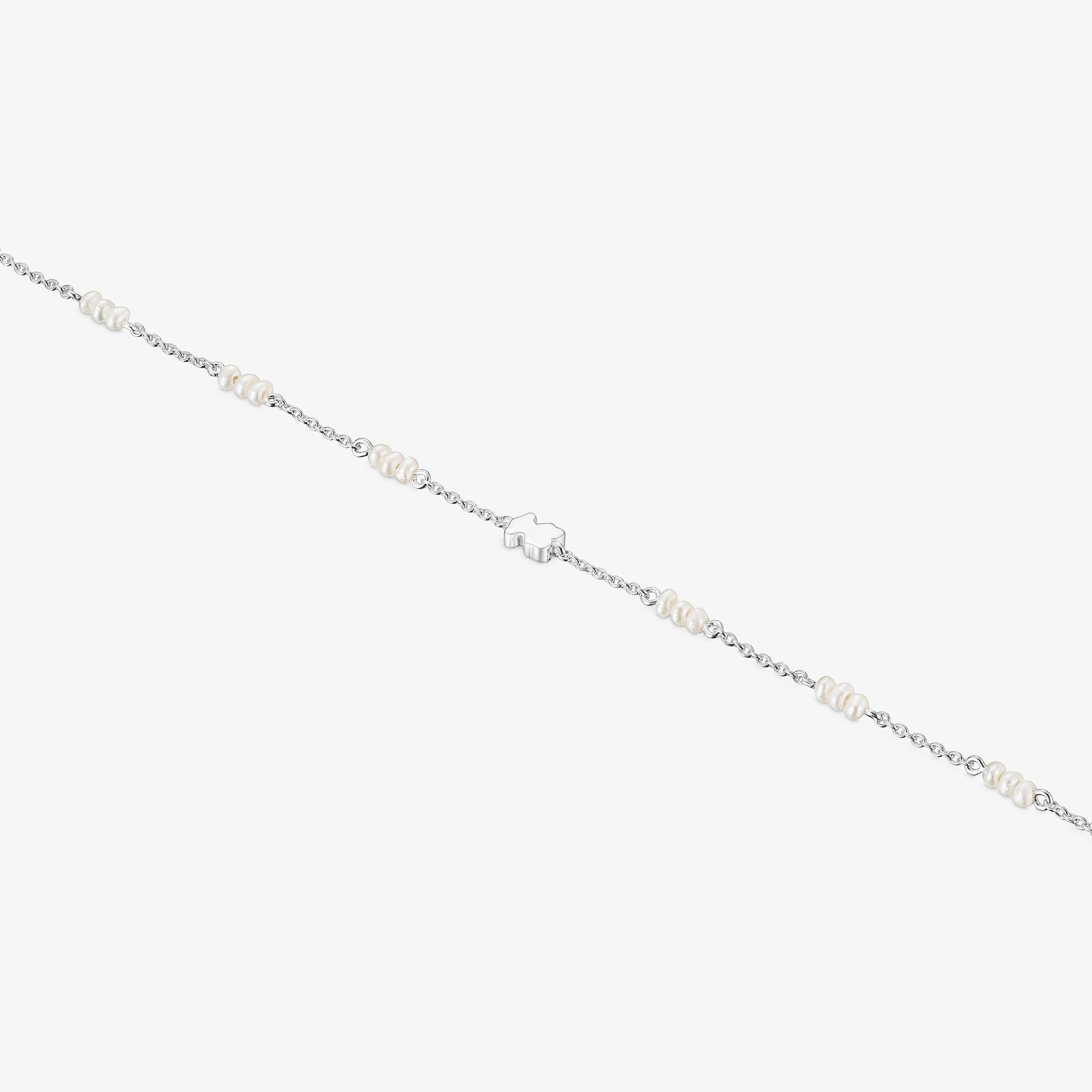 Silver Chain bracelet with cultured pearls and bear charm Sweet Dolls