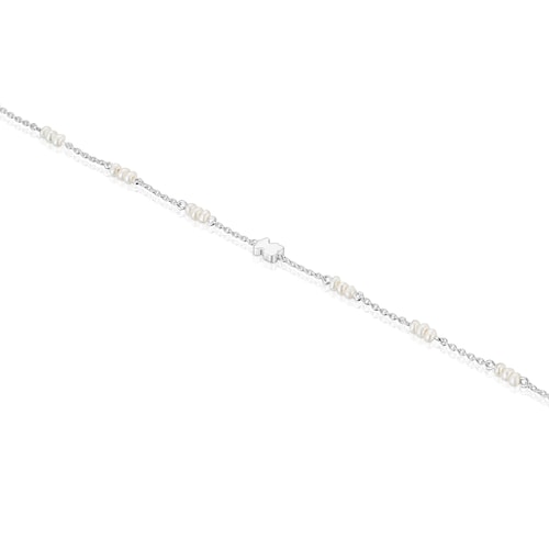 Silver Chain bracelet with cultured pearls and bear charm Sweet Dolls
