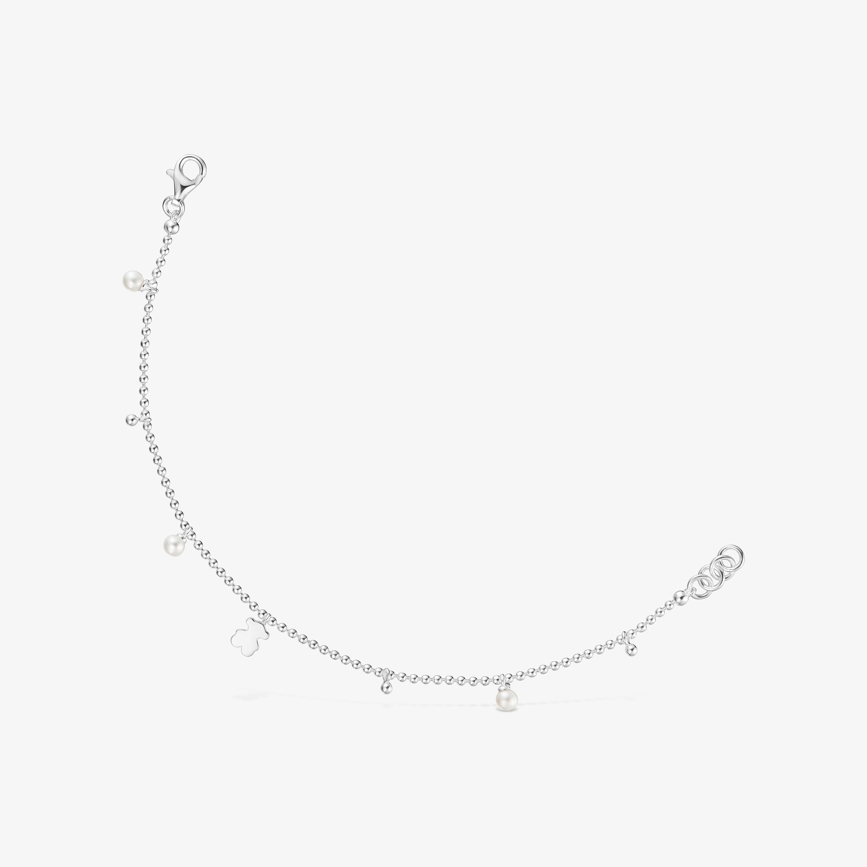 Silver chain Bracelet with cultured pearls and bear pendant charm Sweet Dolls