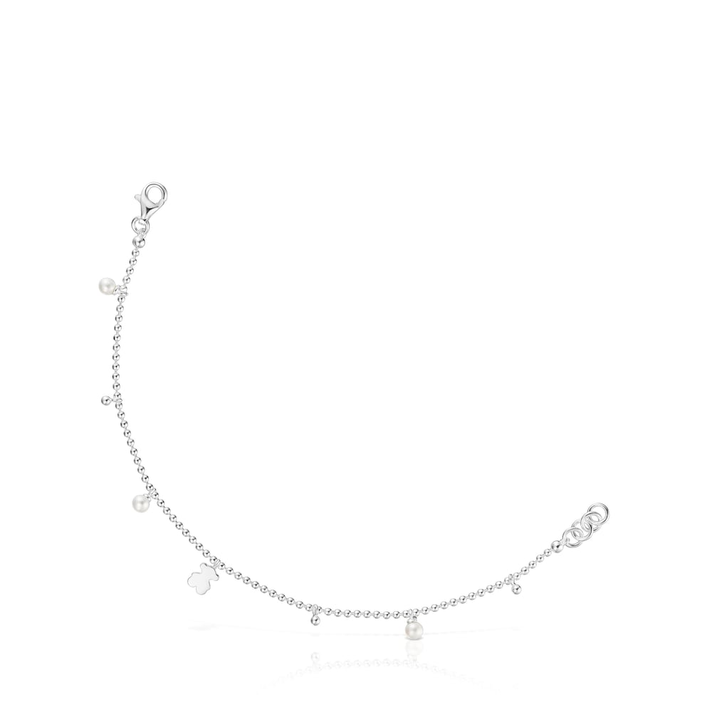 Silver chain Bracelet with cultured pearls and bear pendant charm Sweet Dolls image number 0