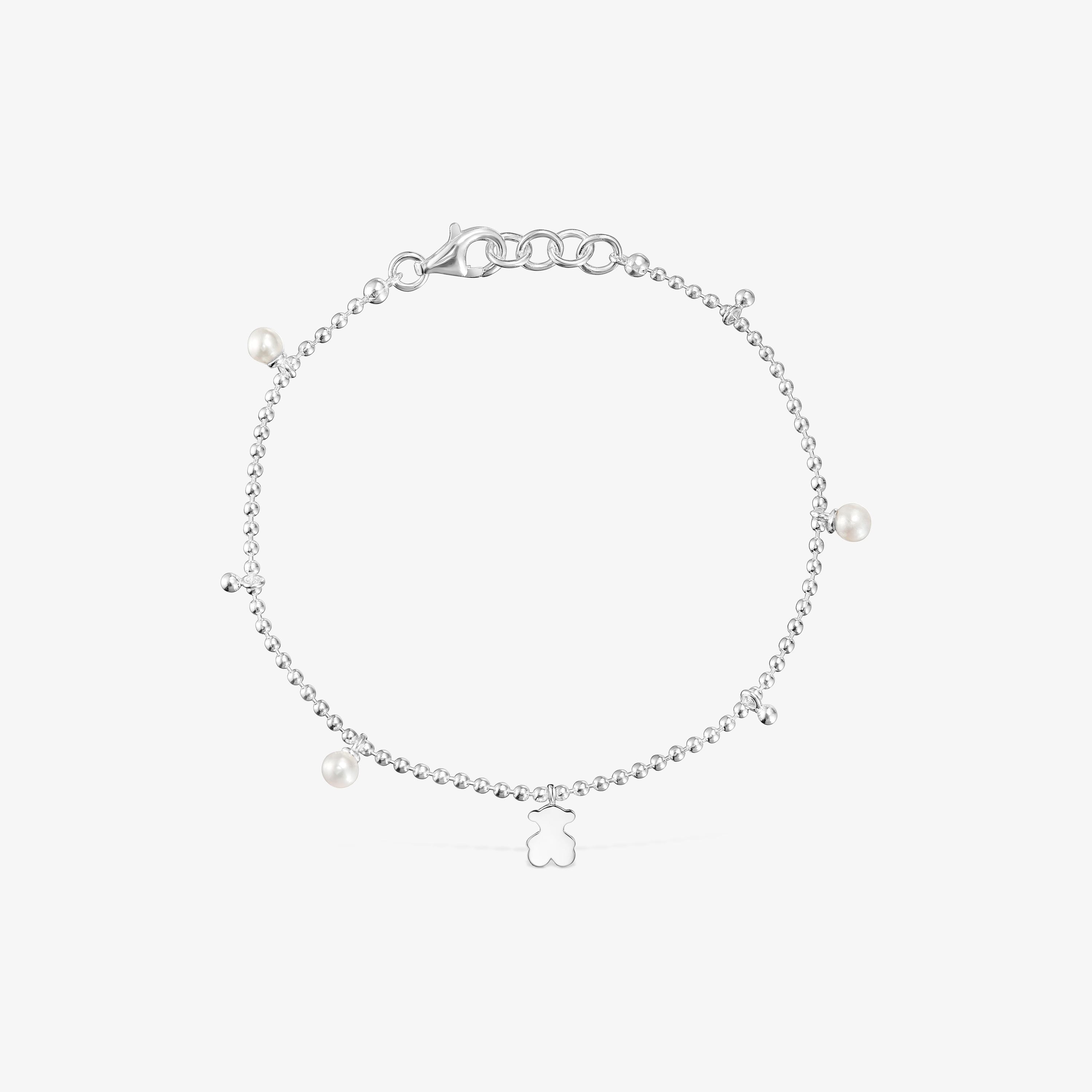 Silver chain Bracelet with cultured pearls and bear pendant charm Sweet Dolls