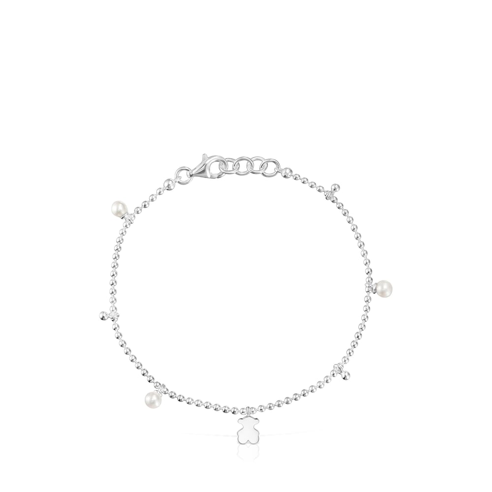 Silver chain Bracelet with cultured pearls and bear pendant charm Sweet Dolls image number 1