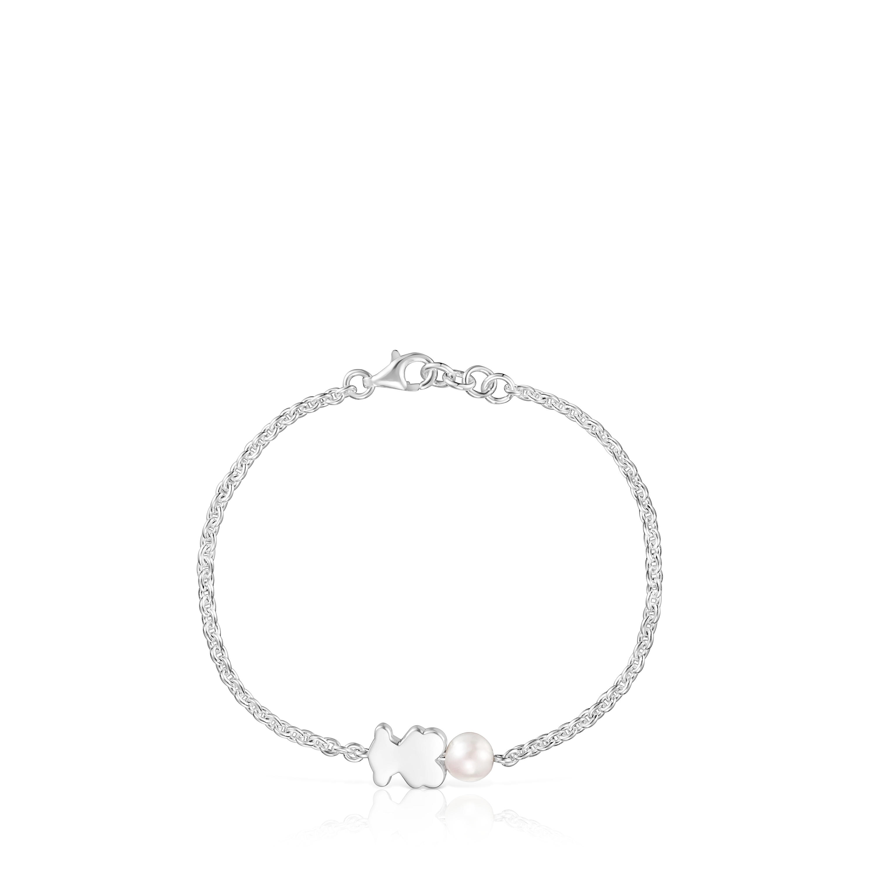 Silver Chain bracelet, bear charm and cultured pearl Sweet Dolls