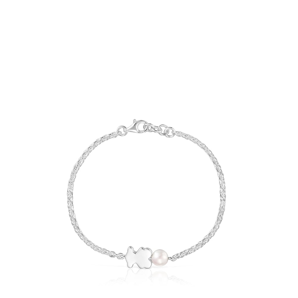 Silver Chain bracelet, bear charm and cultured pearl Sweet Dolls image number 1