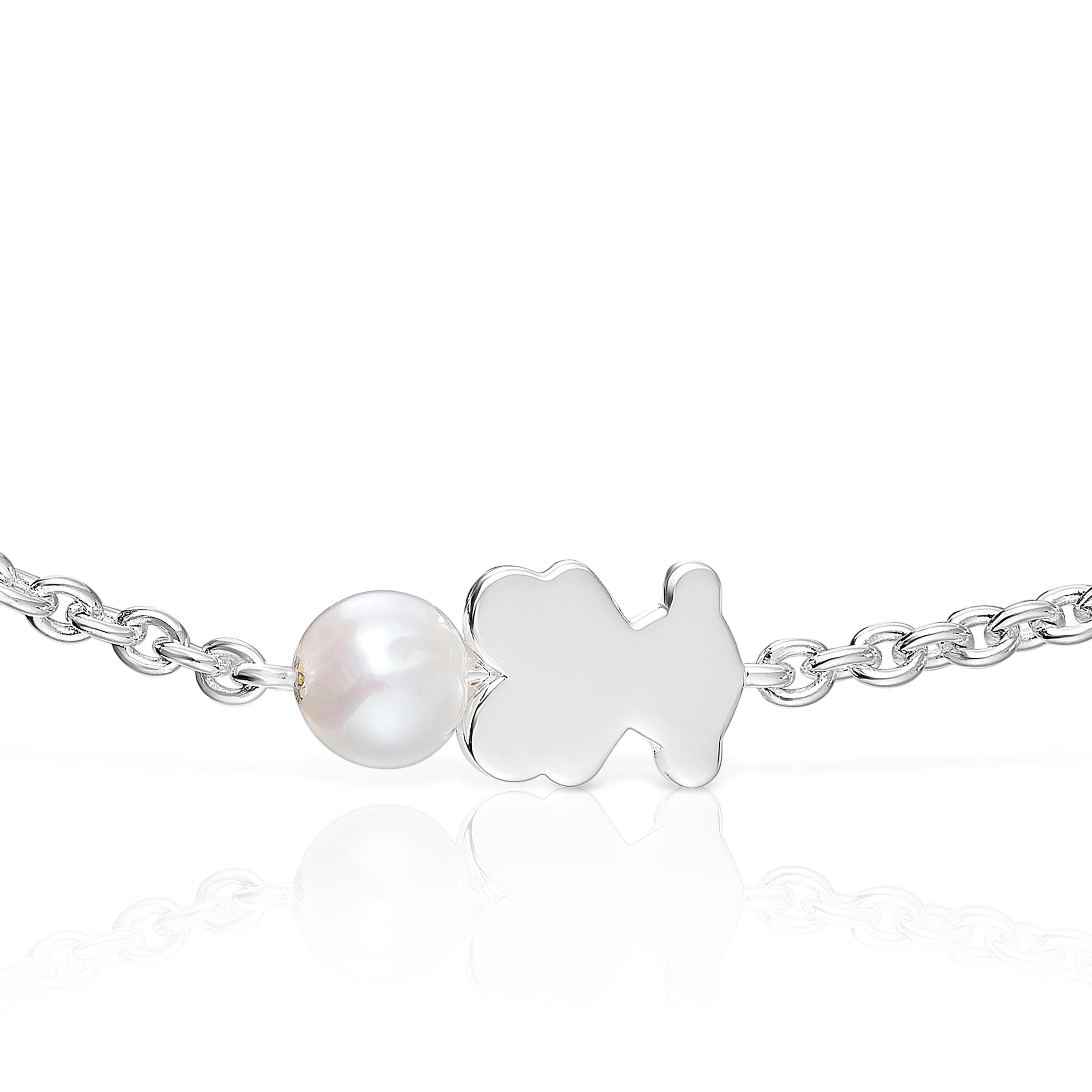 Silver Chain bracelet, bear charm and cultured pearl Sweet Dolls