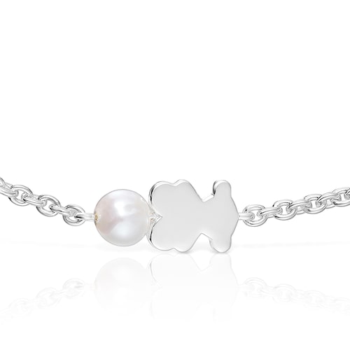 Silver Chain bracelet, bear charm and cultured pearl Sweet Dolls